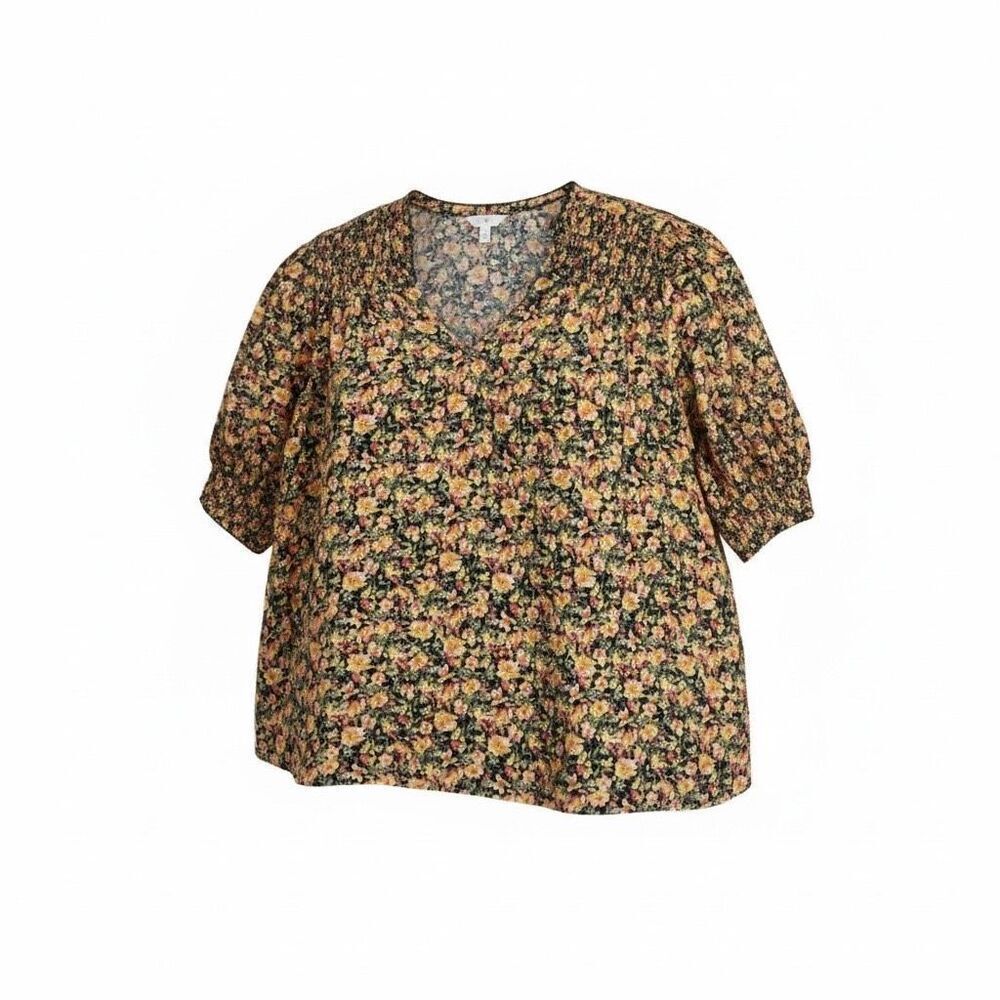 Terra & Sky Women Plus Size 4X Smocked V-neck Yellow Floral Print Textured